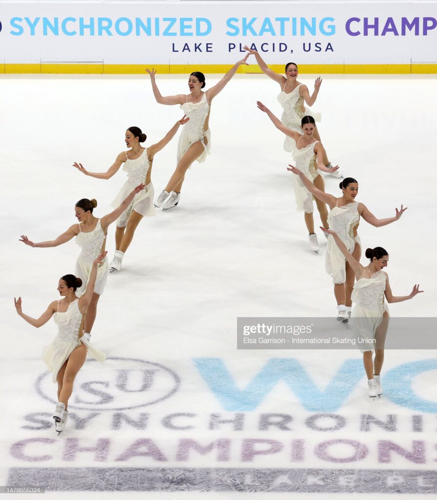LAKE PLACID, NEW YORK - MARCH 31: Team Hot Shivers of Italy perform in the short program during the ISU World Synchronized Skating Championships at Herb Brooks Arena on March 31, 2023 in Lake Placid, New York. (Photo by Elsa Garrison - International Skating Union/International Skating Union via Getty Images)