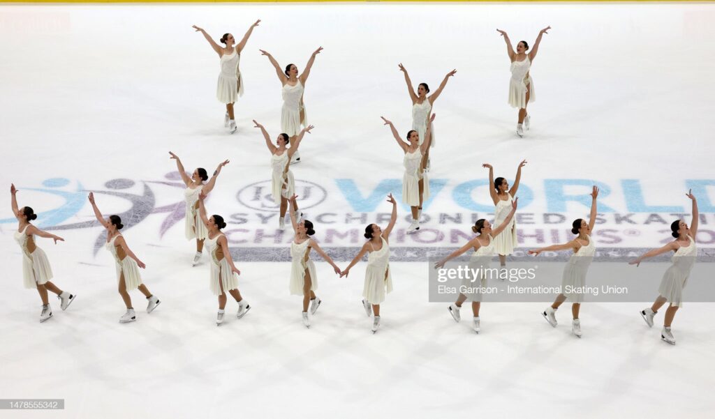 LAKE PLACID, NEW YORK - MARCH 31: Team Hot Shivers of Italy perform in the short program during the ISU World Synchronized Skating Championships at Herb Brooks Arena on March 31, 2023 in Lake Placid, New York. (Photo by Elsa Garrison - International Skating Union/International Skating Union via Getty Images)